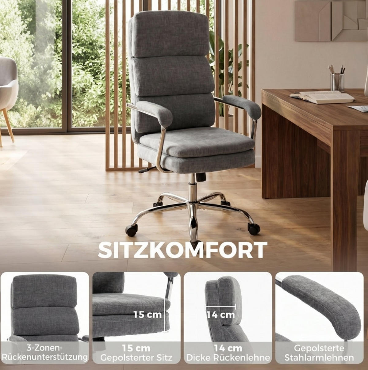 BÜROSTUHL in Grau 65x72,5x118 cm mit Drehfunktion und Wippmechanik - Grau, Textil (72.5/118/65cm) - IVMEU