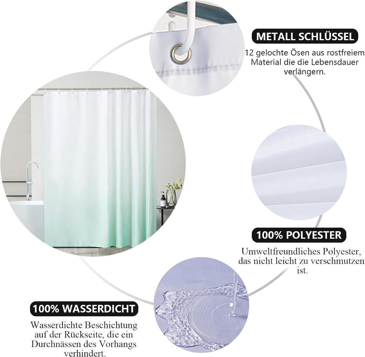 DUSCHVORHANG Grün Polyester wasserdicht waschbar mit Ringen für Badewanne Badezimmer - Grün, Textil (120/200cm) - MCBOSON