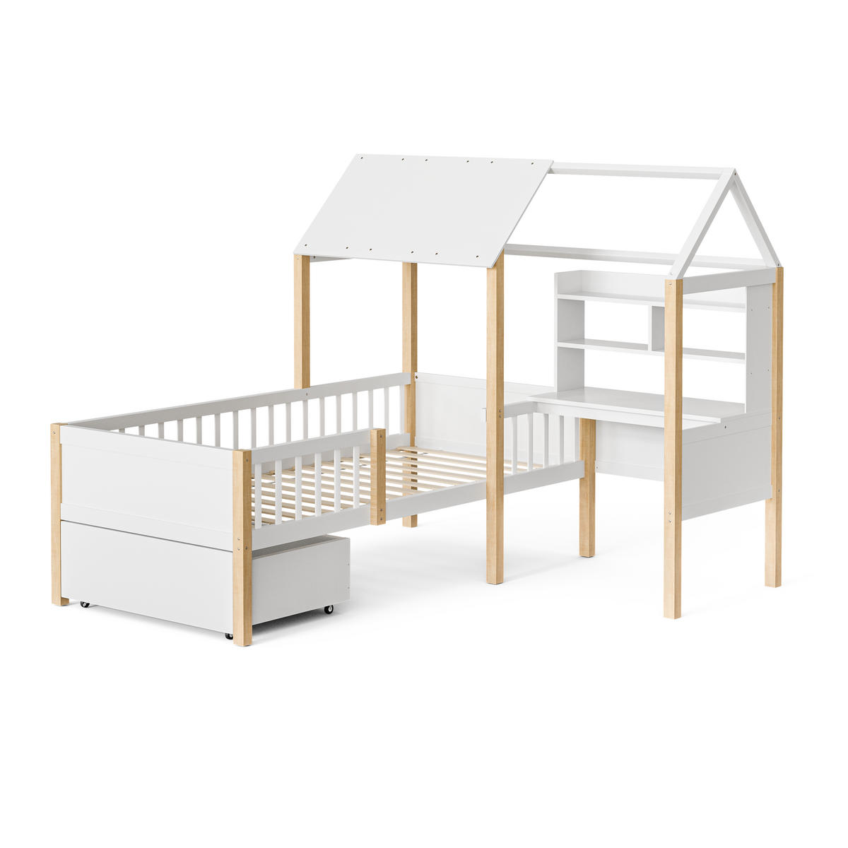 HAUSBETT 90/200 cm weiß mit Rausfallschutz und L-förmigem Schreibtisch - Weiß, Holz (90/200cm) - OKWISH