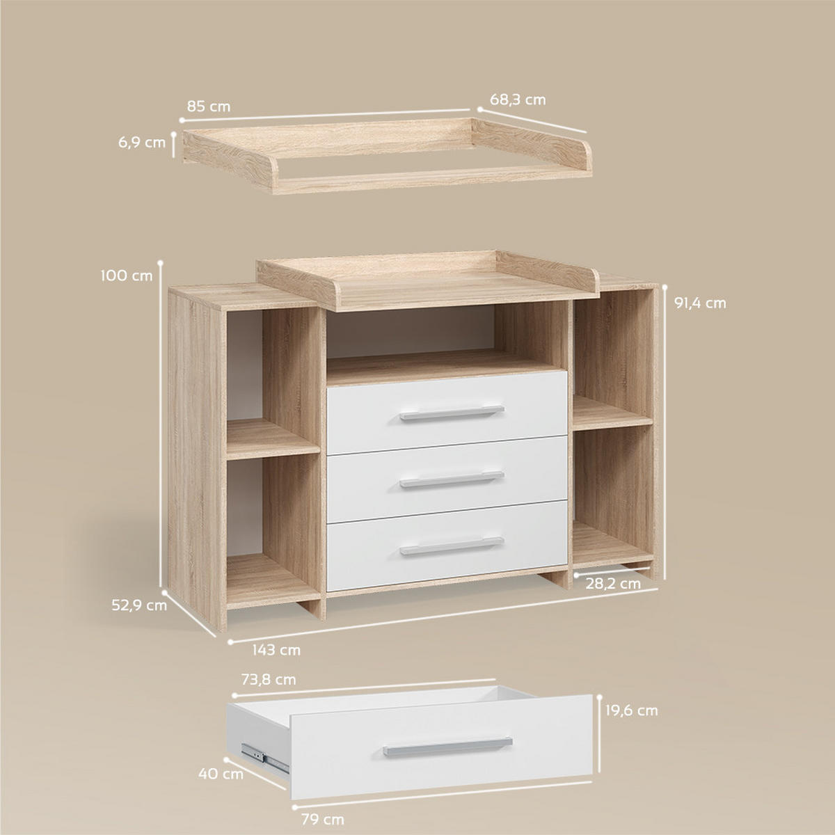 WICKELKOMMODE Torino Weiß/Sonoma XL mit Schubladen - Weiß/Sonoma Eiche, Holzwerkstoff (143/100/70cm) - Livinity®