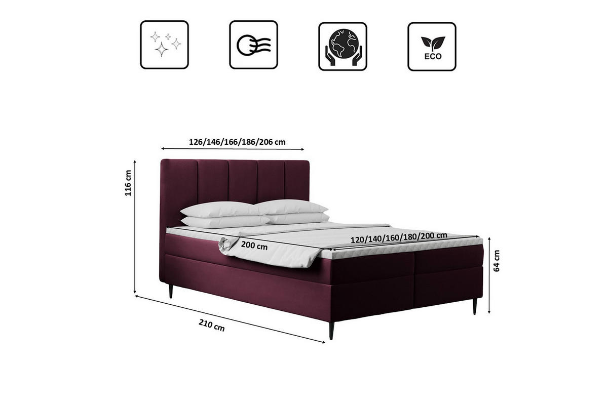 BOXBETT Mit Bettkasten Matratze ADEL Stoff Monolith Rotwein 160x200 cm H2-Pocket - Bordeaux, Holz/Textil (160/200cm) - Kaiser Möbel
