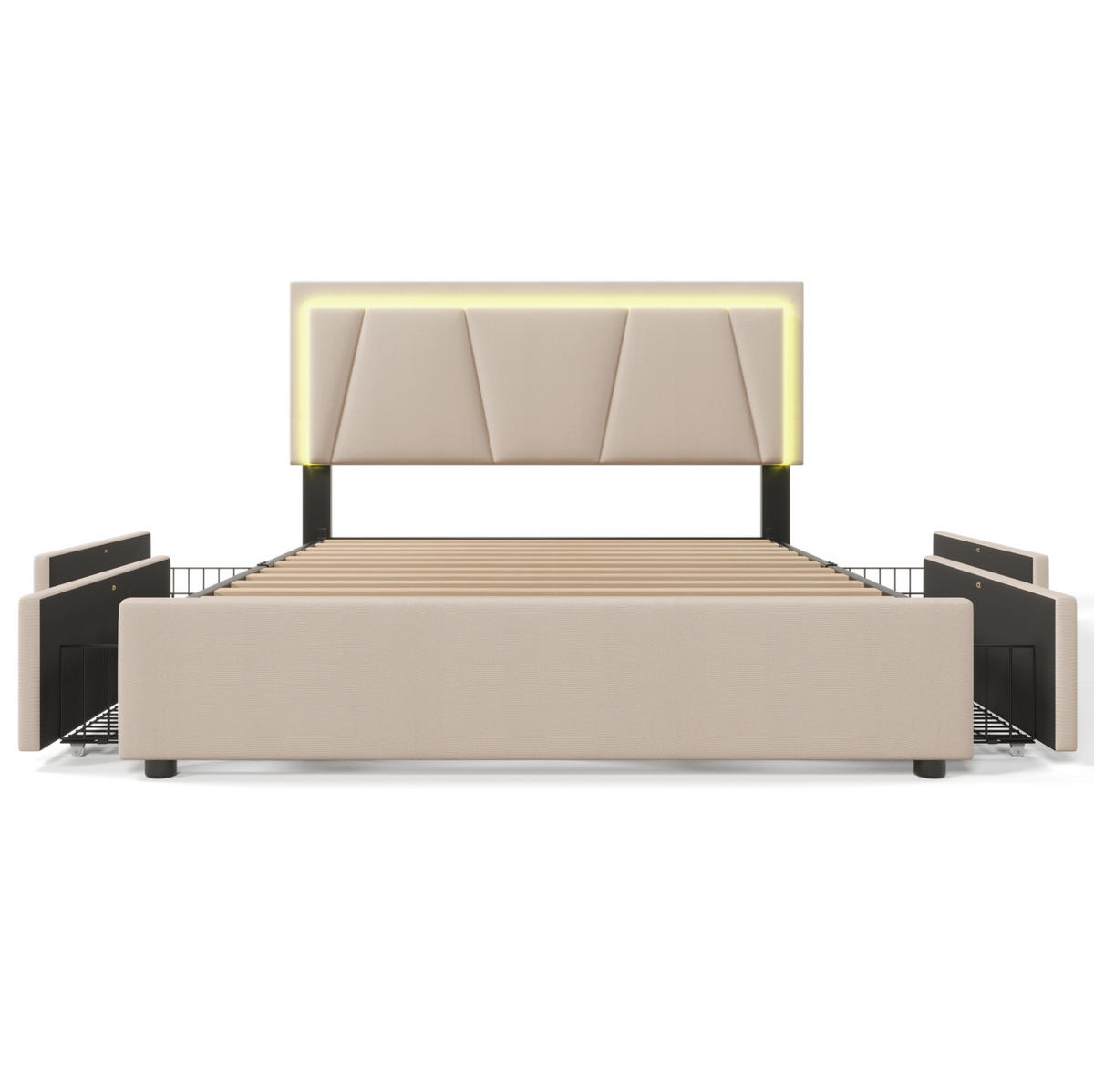 POLSTERBETT 160/200 cm mit LED-Beleuchtung, 4 Schubladen und verstellbarem Kopfteil - Beige, Holz (160/200cm) - BEAOK