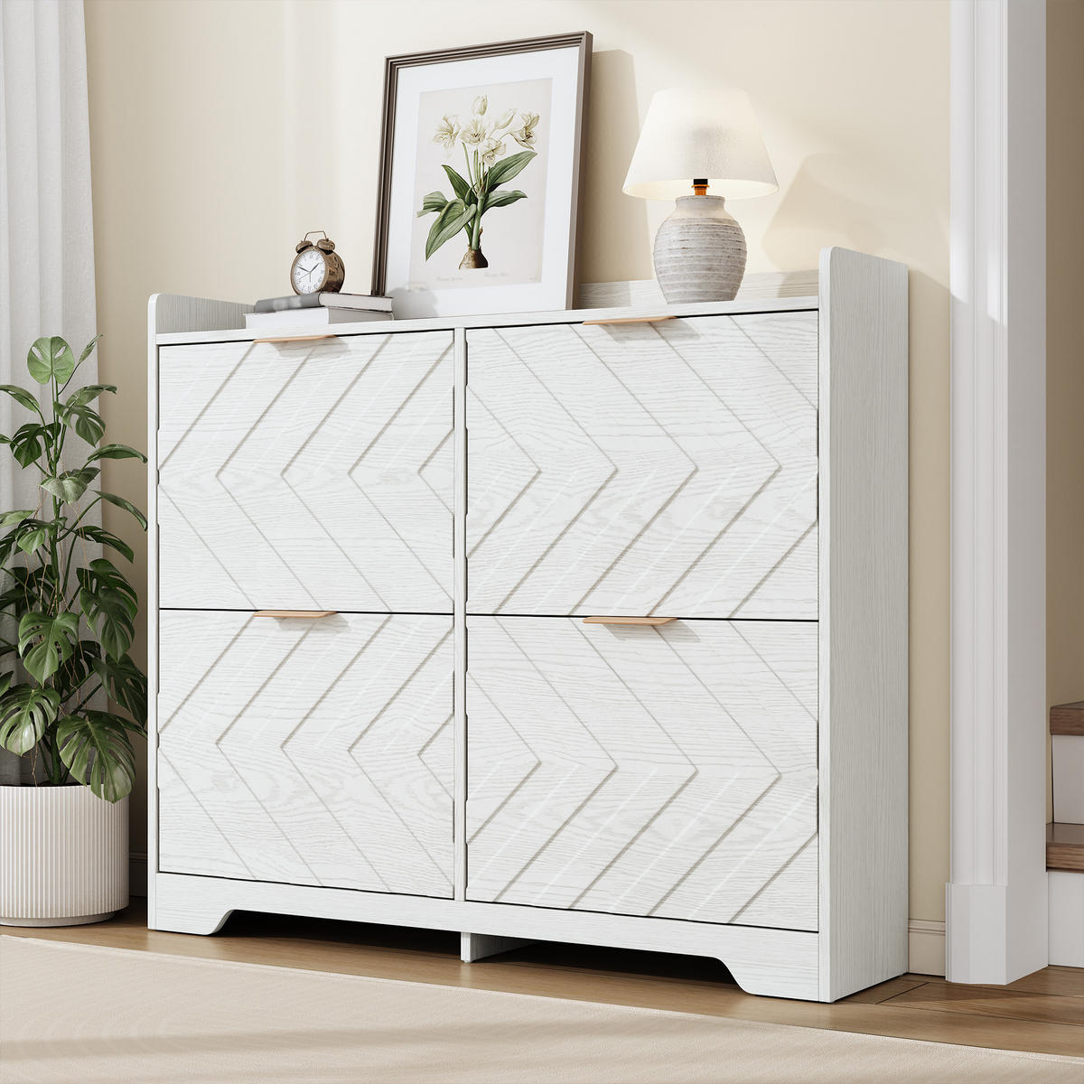 SCHUHSCHRANK 4 Klappen 3D Front mit Ablage - Weiß, Holz (105/90/24cm) - LEBENLANG