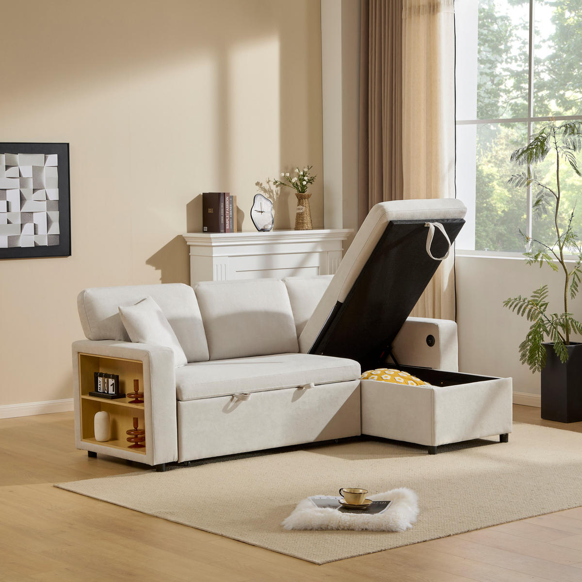ECKSOFA Eckschlafsofa Stoff mit USB-Anschluss und Stauraum Beige 214/131/87 cm - Beige, Textil (87/131cm) - Redom