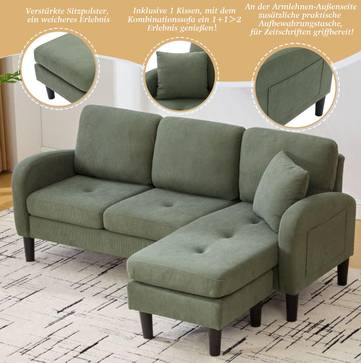 ECKSOFA L-Form Cordbezug mit modularer Chaiselongue Grün 166/118/77 cm - Grün, Textil (166/118cm) - Redom