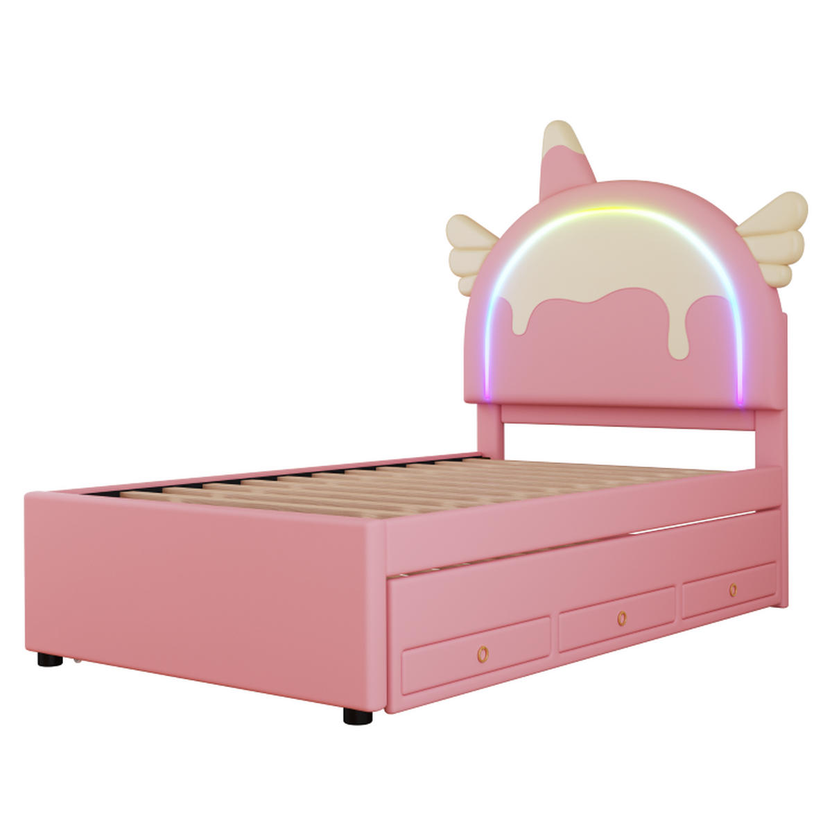 KINDERBETT 90/200 cm in Rosa mit Ausziehbett und Schublade, Einhorn-Design - Rosa, Holzwerkstoff/Textil (90/200cm) - CHICFURN