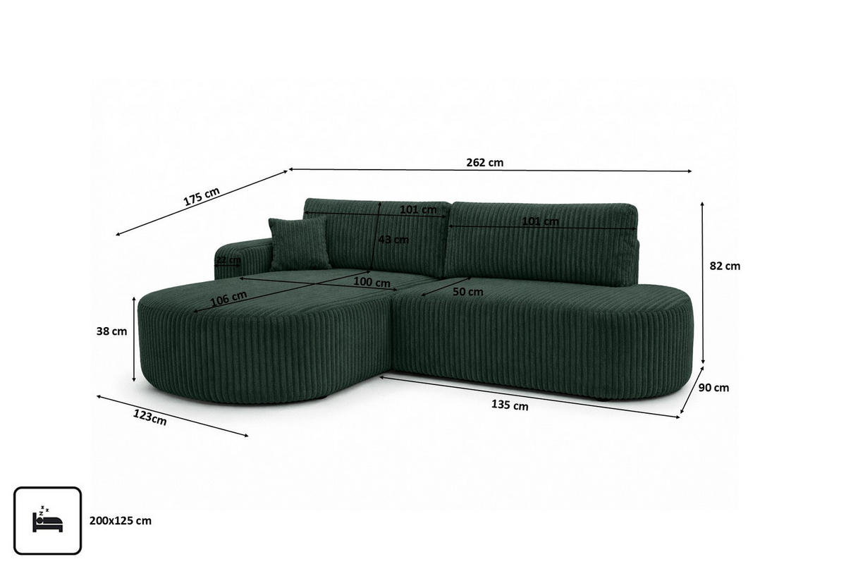 ECKSOFA Mit Schlaffunktion Und Bettkasten, Cordstoff Tilia, Grün, Links, ROUND ONE OPEN XL - Grün, Holz (262/175cm) - Kaiser Möbel
