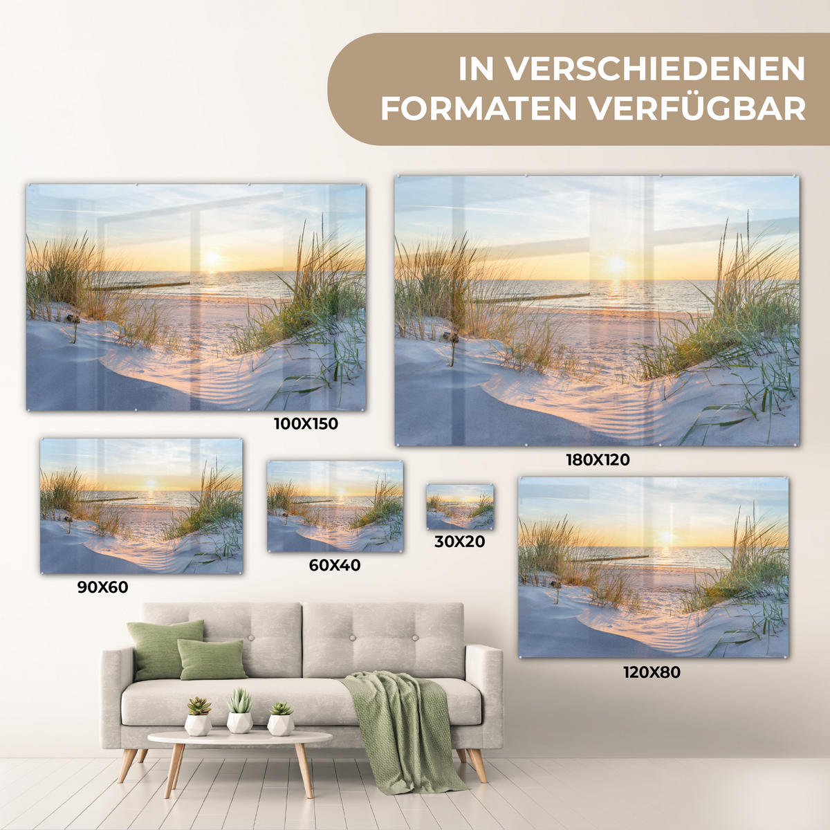 ACRYLGLASBILD Strand - Sonne - Düne - Gras - Sand - Horizont 60x40 cm - Hellblau, Glas (60/40cm) - MuchoWow
