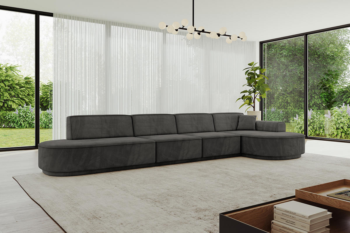 ECKSOFA Ottomane Rechts MARI-L3-v3 - 402x163x81 cm Dunkelgrau Velours - Dunkelgrau/Schwarz, Holzwerkstoff/Kunststoff (402/163cm) - ALTDECOR
