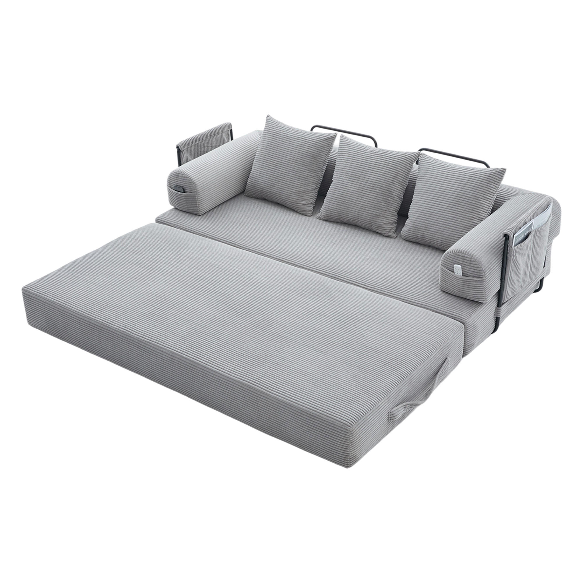 SCHLAFSOFA, Modulares Tagesbett mit Metallgestell, Klappbares Bodensofa Cordstoff, Hellgrau - Hellgrau, Textil (94/67/200cm) - LVHOM