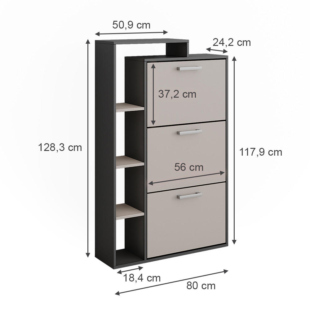 SCHUHKIPPER Orlando Anthrazit/Greige 80 x 128.3 cm mit 3 Fächern - Greige/Anthrazit, Holzwerkstoff (80/128.3/24.2cm) - Vicco