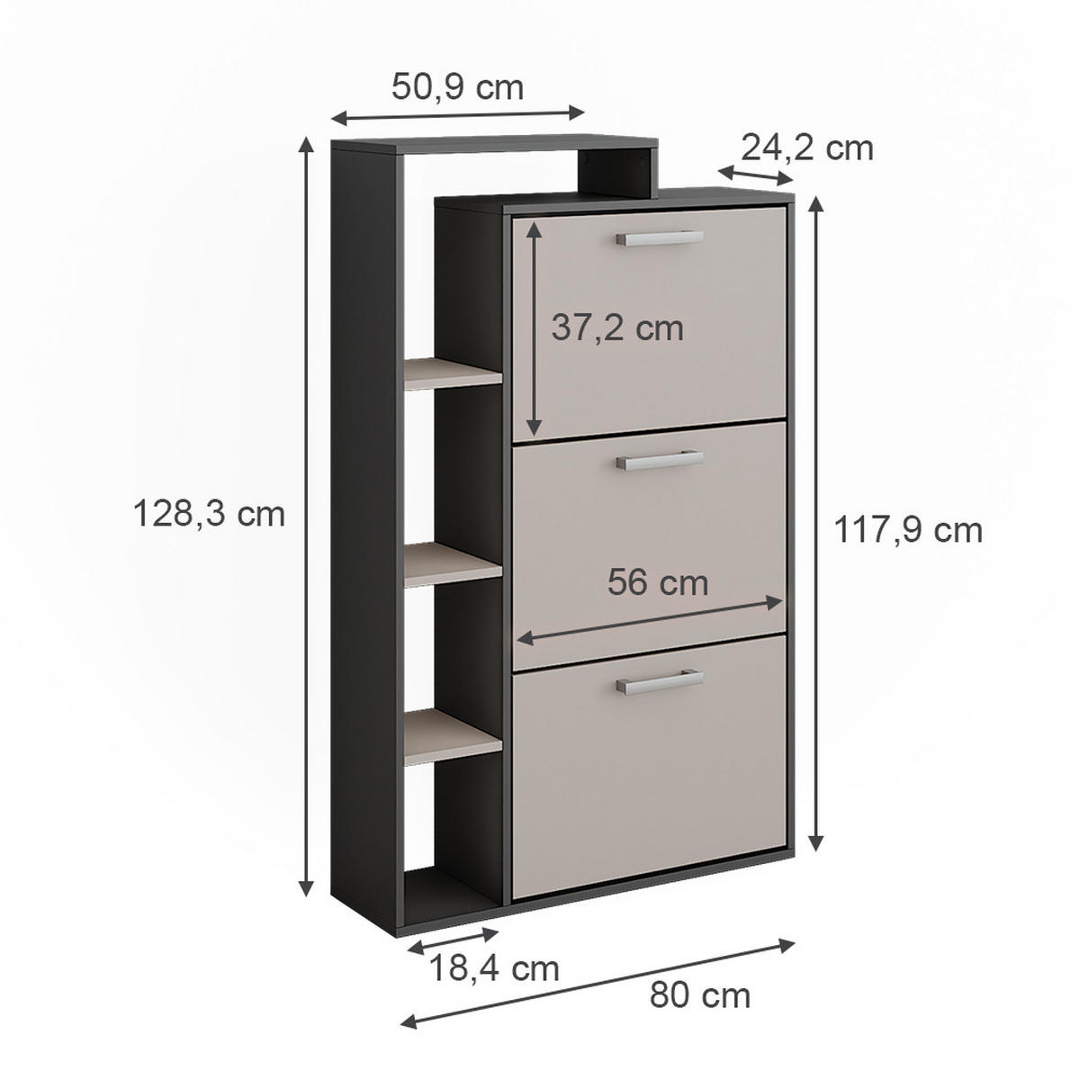 SCHUHKIPPER Orlando Anthrazit/Greige 80 x 128.3 cm mit 3 Fächern - Greige/Anthrazit, Holzwerkstoff (80/128.3/24.2cm) - Vicco