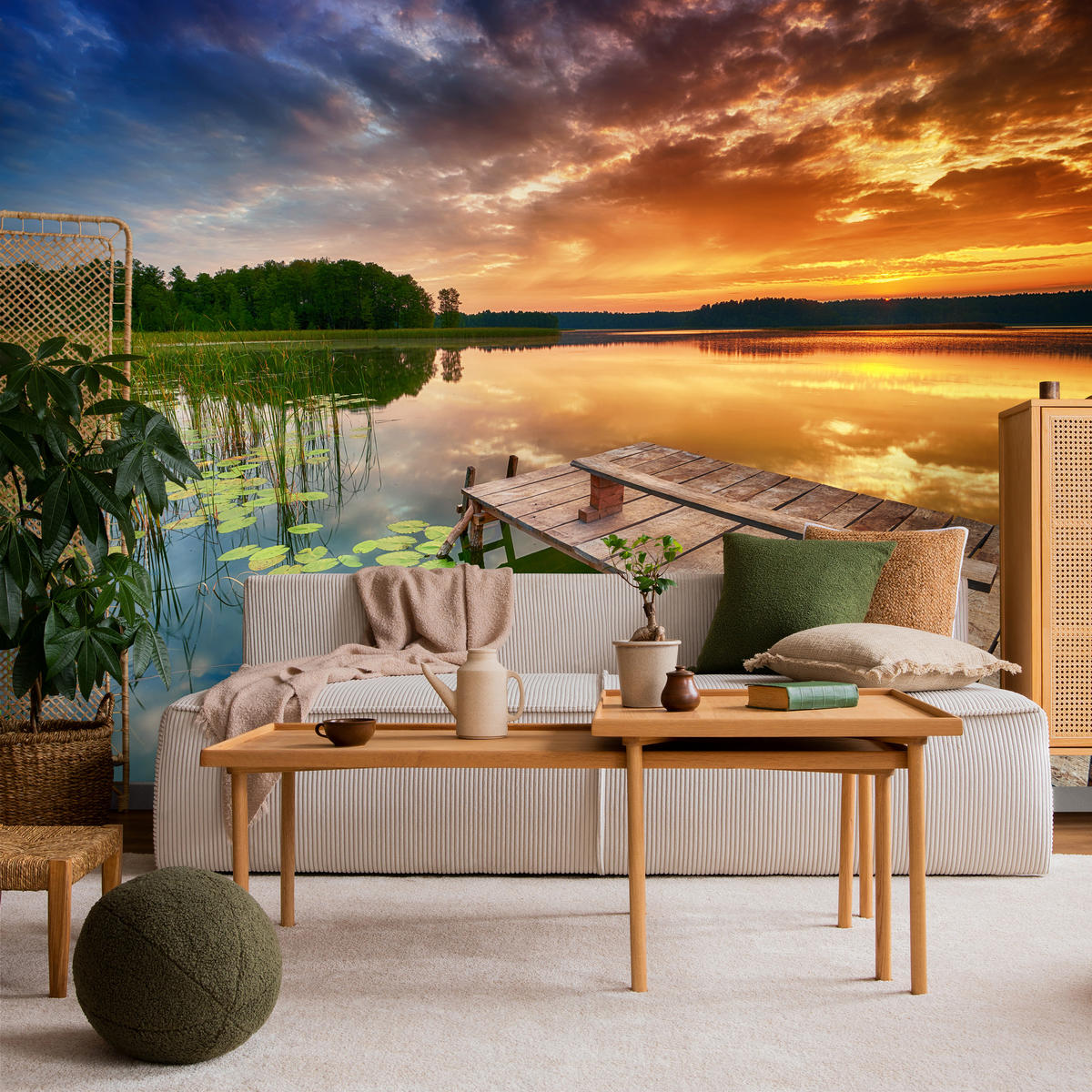 FOTOTAPETE für Wohnzimmer Sonnenuntergang See Steg Bäume 100x70 - Gelb/Beige, Papier (100/70cm) - Muralo