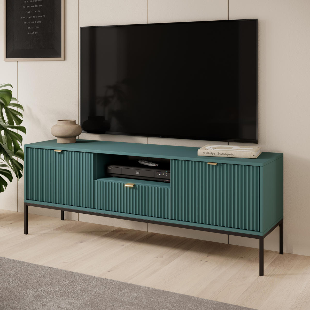 GRÜNES Modernes Geriffeltes TV-Board KIOTO RTV2D1SZ (Schwarzes Gestell, Soft-Close Türen) - Goldfarben/Schwarz, Holz/Holzwerkstoff (154/56/39cm) - Ravio