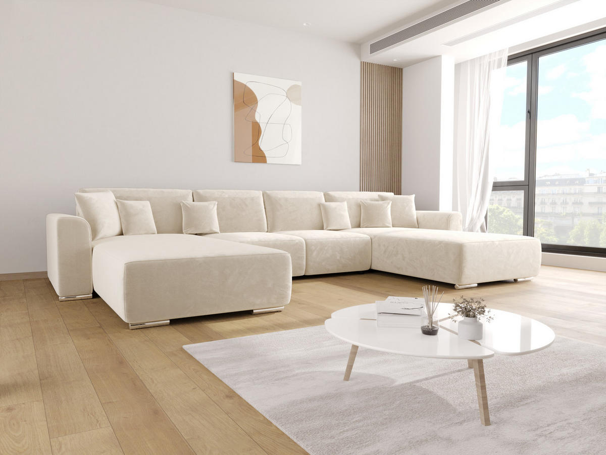 WOHNLANDSCHAFT GUSTO U Monolith 02 mit Schlaffunktion - Creme, Textil (368/85/193cm) - Bedante
