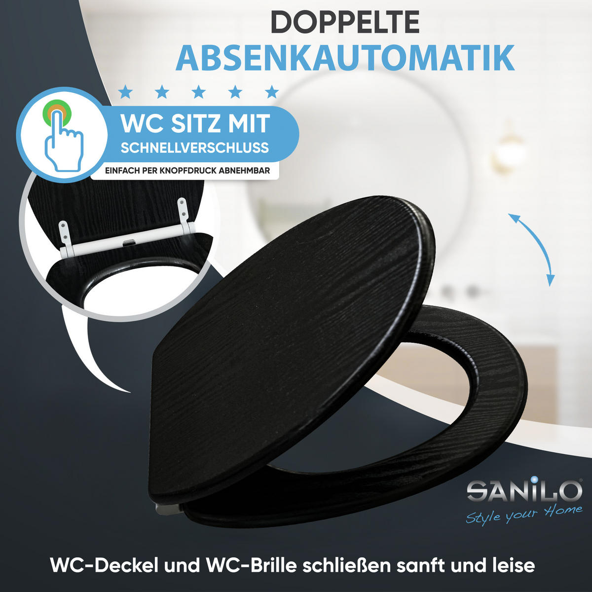WC-SITZ mit Absenkautomatik & Top Fix Black Wood - Schwarz, Holzwerkstoff (37.7/5.5/48cm) - Sanilo