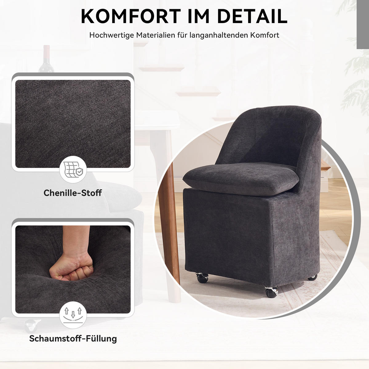 POLSTERSTUHL DE-36250 2er-Set mit Universalrollen Grau - Grau, Metall (53/78.5/53.5cm) - ComfortXL