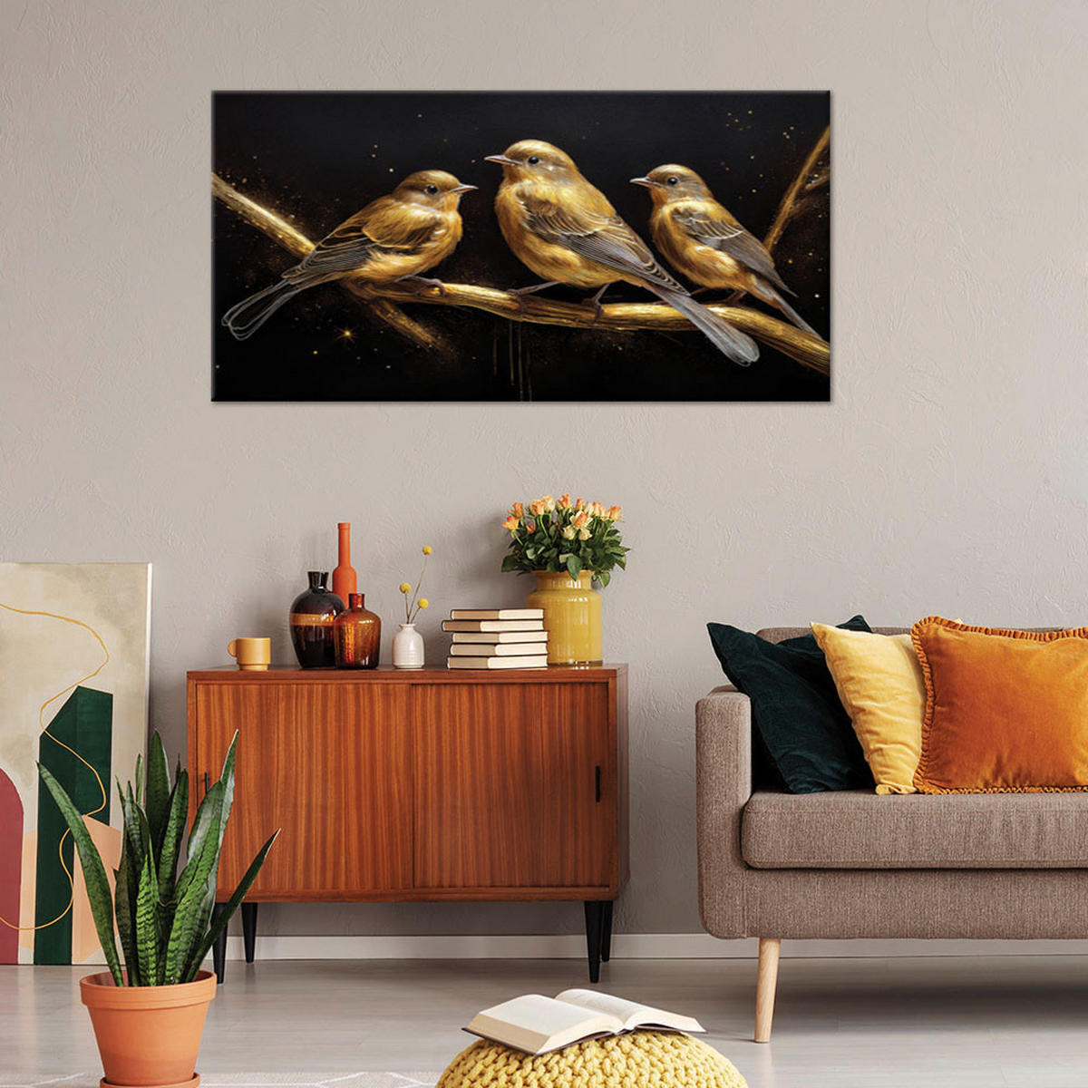 LEINWANDBILD Vögel Tiere Gold 80x40cm - Goldfarben, Textil (80/40cm) - Feeby