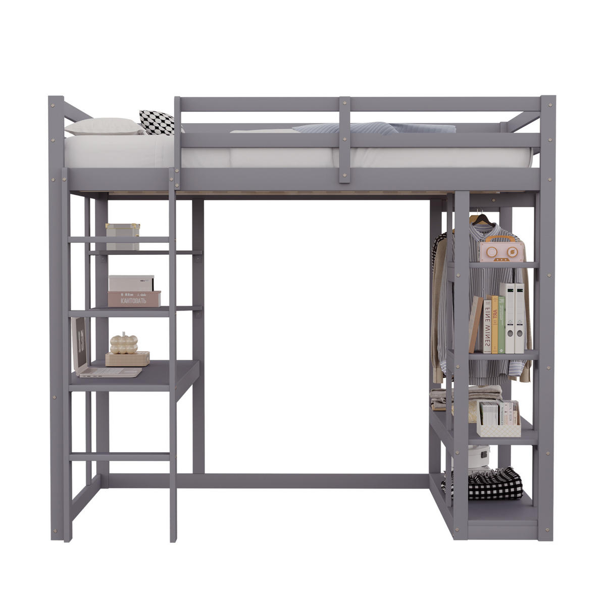 HOCHBETT aus Kiefernholz 140x200 cm Grau mit Schreibtisch, Regalen und Garderobenbereich - Grau, Holzwerkstoff (140/200cm) - Modfu