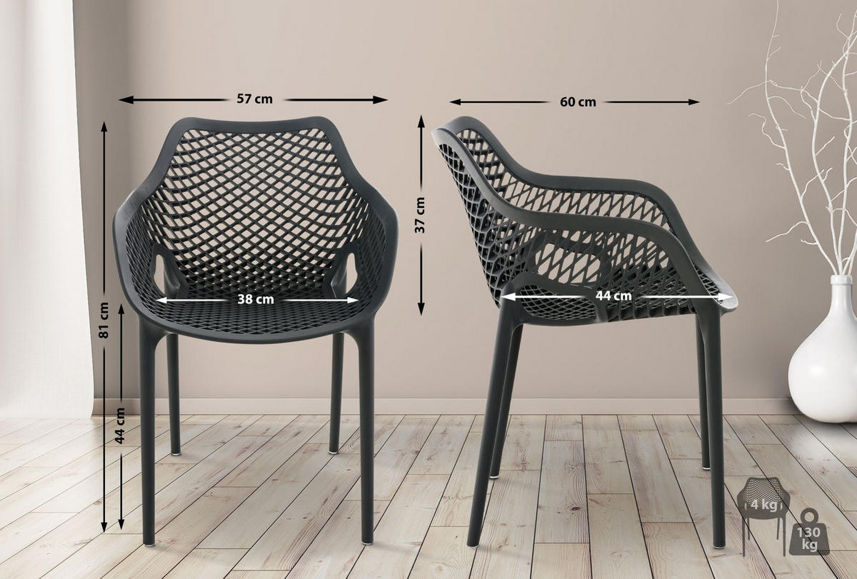 GARTENSTUHL 4er Set Kunststoff dunkelgrau - Dunkelgrau, Kunststoff (57/81/60cm) - CLP
