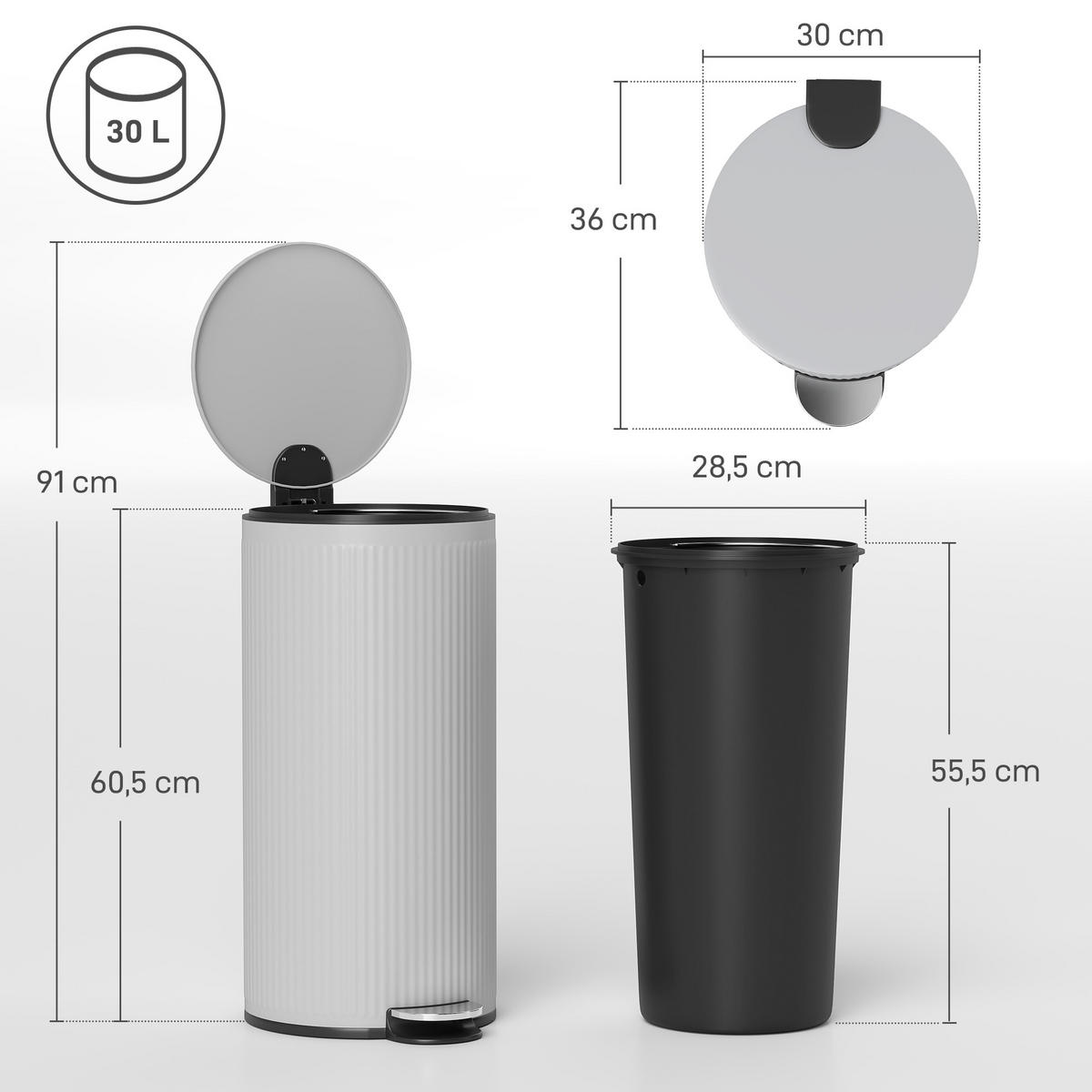 MÜLLEIMER KÜCHE 30 LITER Treteimer Grau 36/30/60,5 cm - Grau, Metall (30/60.5/36cm) - Rolipo