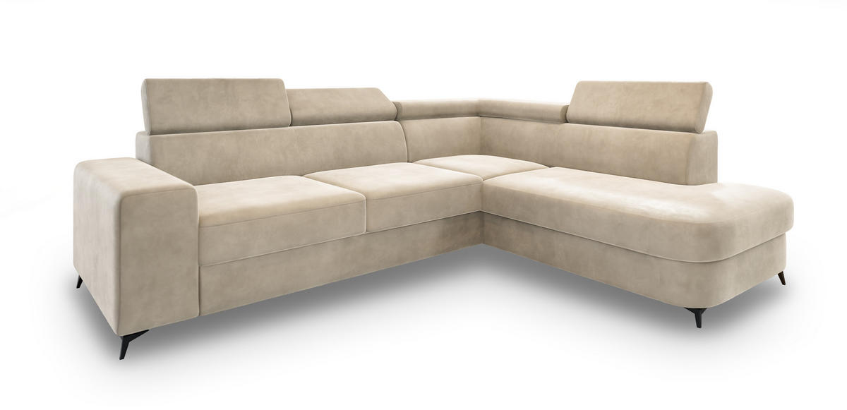 ECKSOFA ALVORO R-S Creme Velours-Stoff mit Schlaffunktion - Creme, Holz (253/190cm) - MASSENO