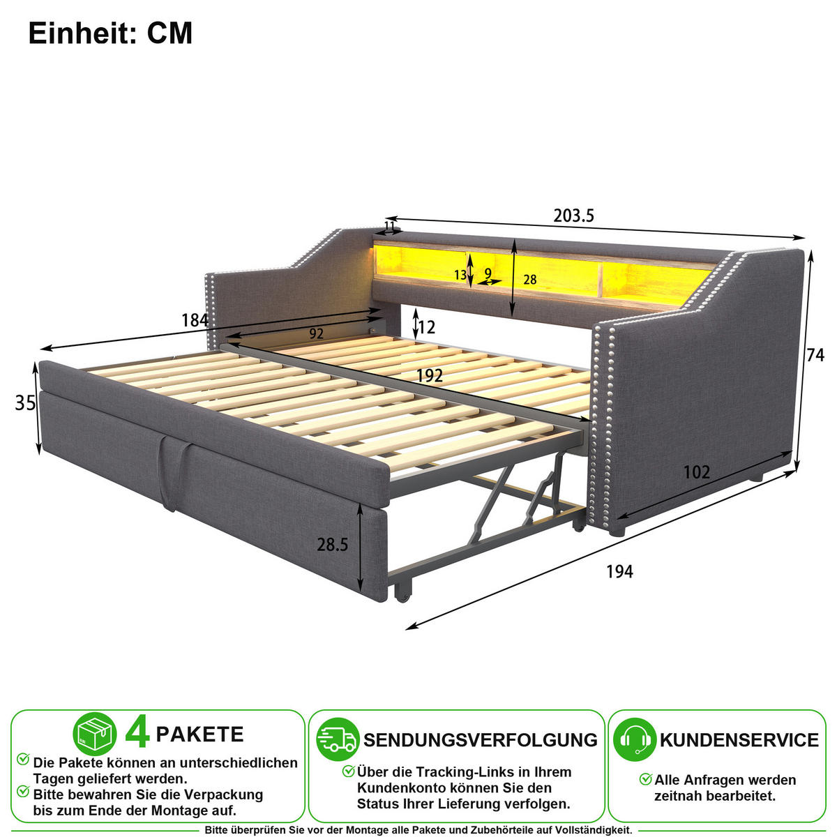 SCHLAFSOFA 90/190 cm & 180/190 cm in Dunkelgrau mit Ausziehbett, LED und USB Leinen - Grau, Holzwerkstoff/Textil (90/190cm) - CHICFURN