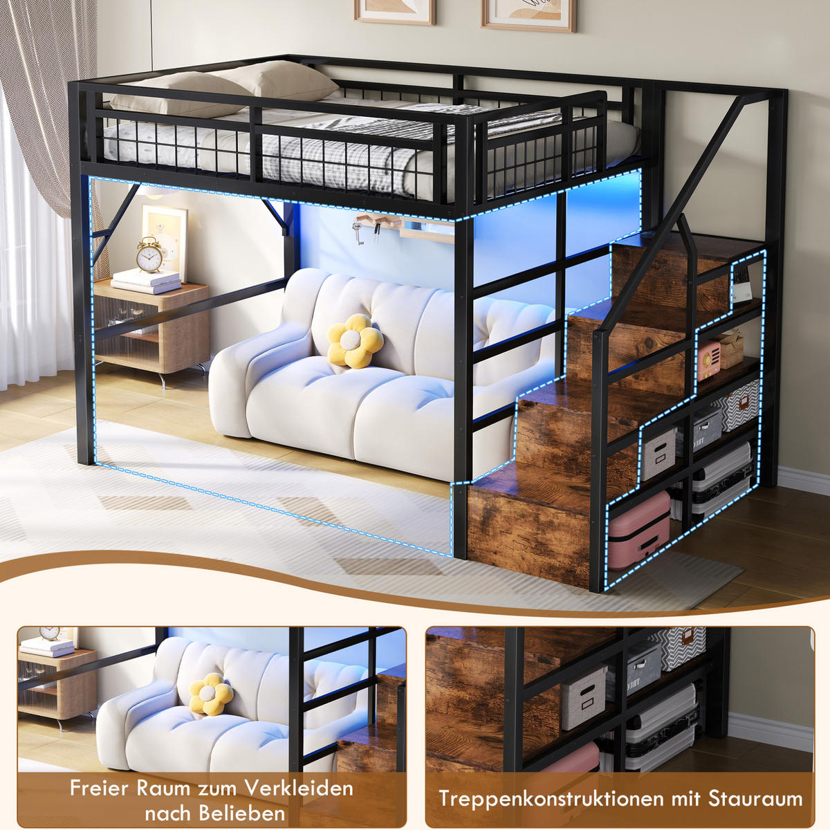 HOCHBETT 140/200 cm schwarz aus Metall und MDF mit LED und Stauraumtreppe - Schwarz, Metall (140/200cm) - OKWISH