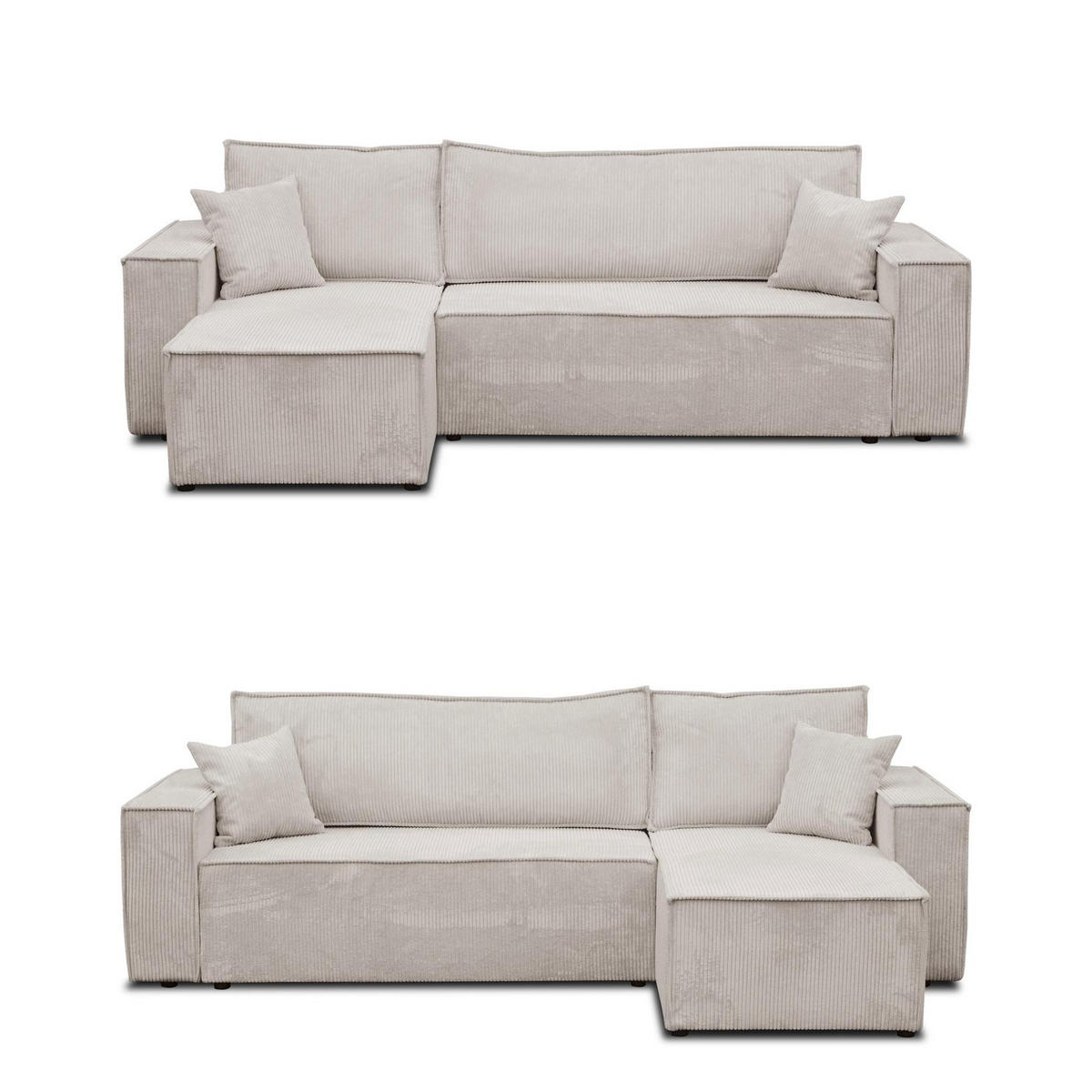 ECKSOFA Hugo L in L-Form mit Schlaffunktion und Bettkasten, Farbe: Hellbraun, Cordstoff, Ottomane Unsiversal - Hellbraun, Textil (244/145cm) - VENASI MÖBEL