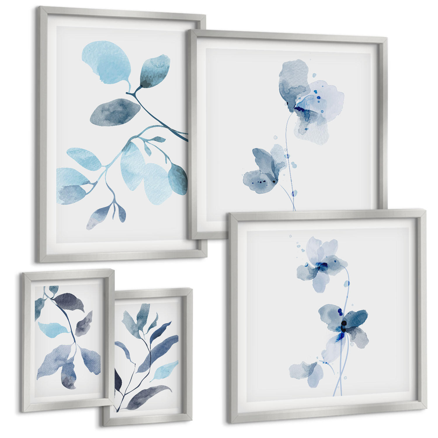 BILDER SET 5er Set - 50x50 cm & 20x30 cm & 40x60 cm Silberner Rahmen - Aquarell von blauen Blättern - Silberfarben, Kunststoff (40/60cm) - TULUP