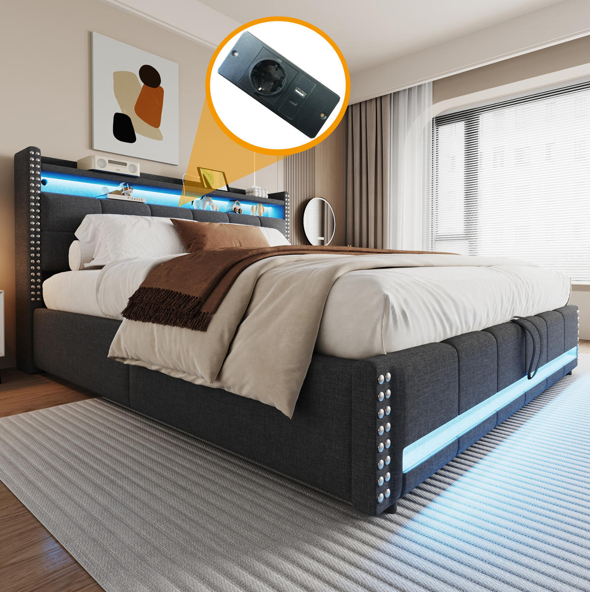 POLSTERBETT mit LED-Beleuchtung 180/200 cm mit Bettkasten und USB-Anschluss - Grau, Textil (180/200cm) - BEAOK