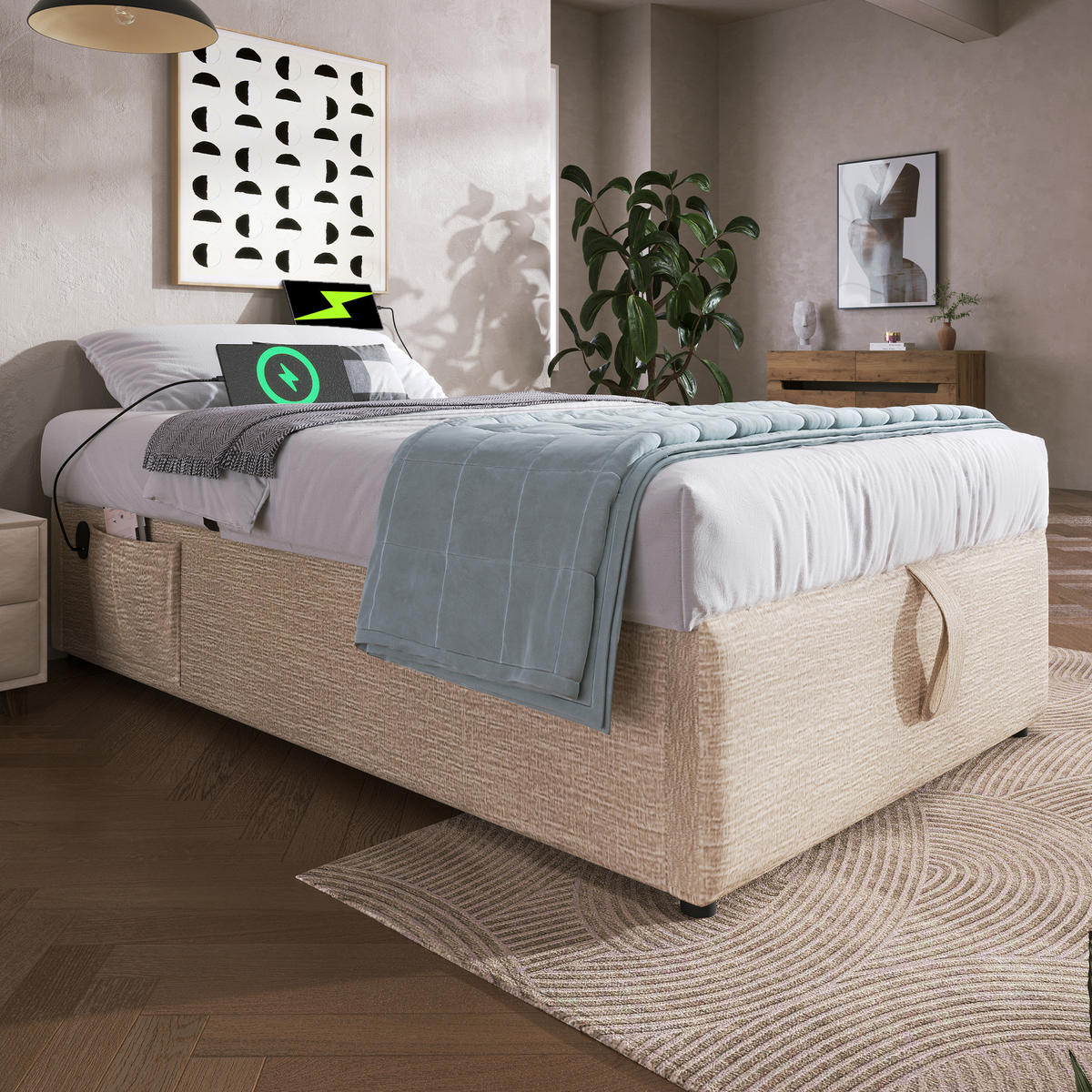 POLSTERBETT aus Leinen 90x200 cm Natur mit Stauraum, USB- und USB-C-Anschluss - Beige, Textil (90/200cm) - IVMEU
