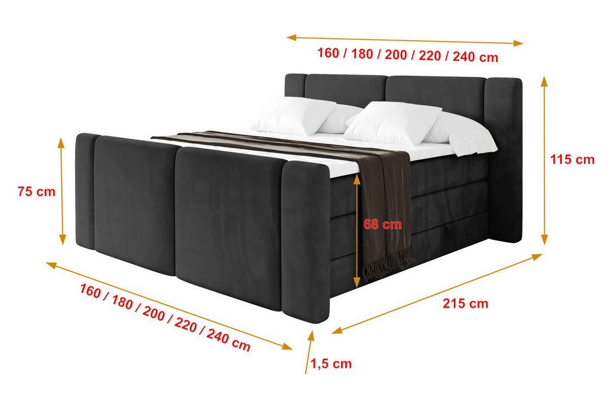BOXSPRINGBETT mit Matratze H3/H4 - EVON KING Zanozek - 180x200 cm Schwarz - Schwarz, Holzwerkstoff (180/200cm) - ALTDECOR