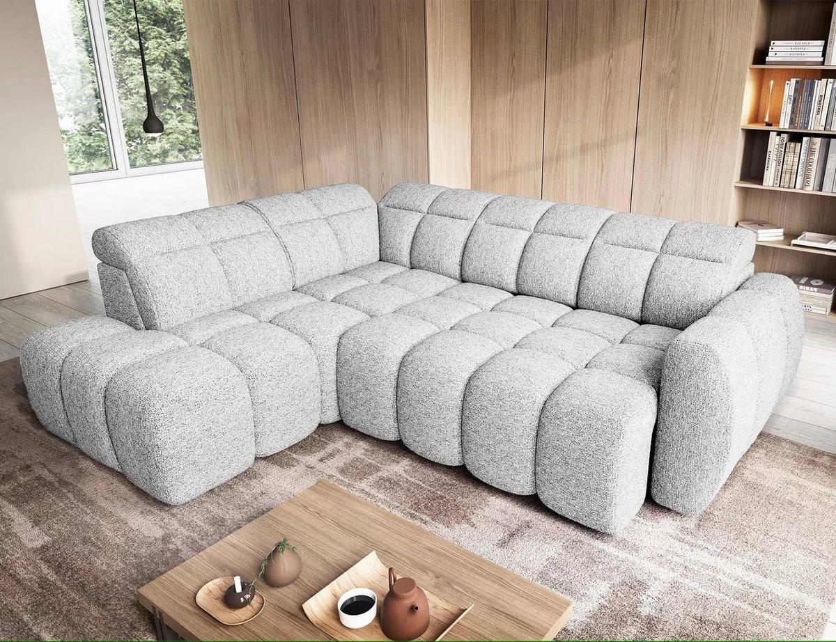 ECKSOFA mit elektrischem Sitzvorschub, Bettkasten und verstellbare Kopflehnen - Hellgrau, Naturmaterialien/Textil (258/208cm) - Eltap
