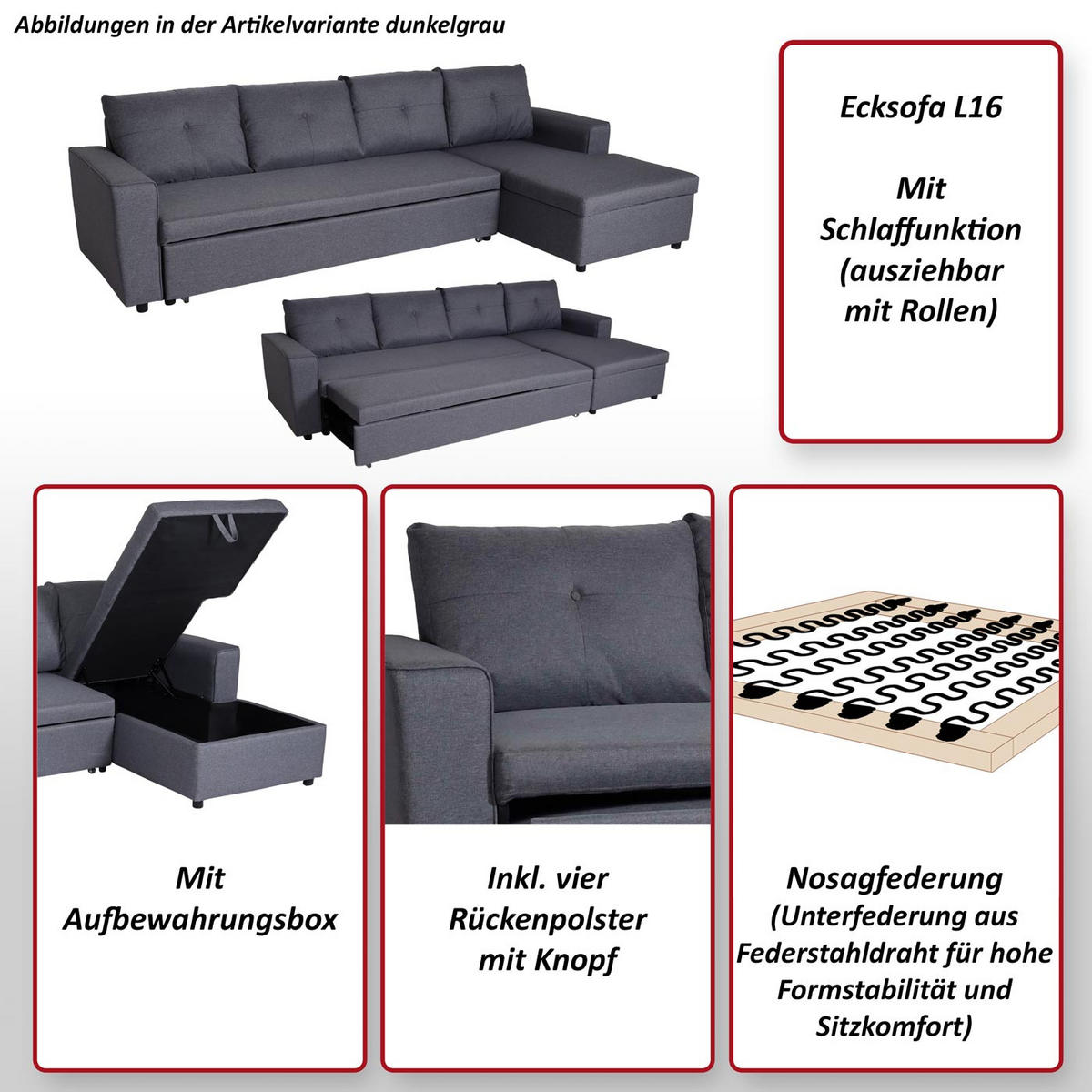 ECKSOFA MIT BETTKASTEN Grau - Grau, Textil (290/150cm) - MCW