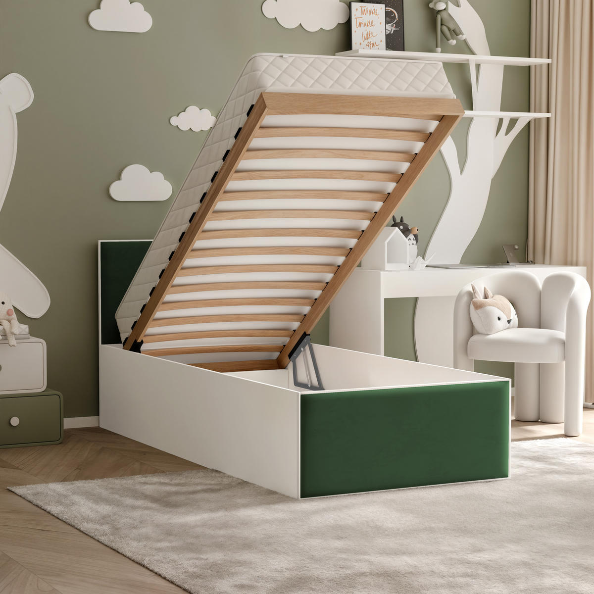 POLSTERBETT SASHI 90/200 cm Bettkasten, ohne Matratze, Weiß / Dunkelgrün - Dunkelgrün, Holz/Holzwerkstoff (90/200cm) - Idohome