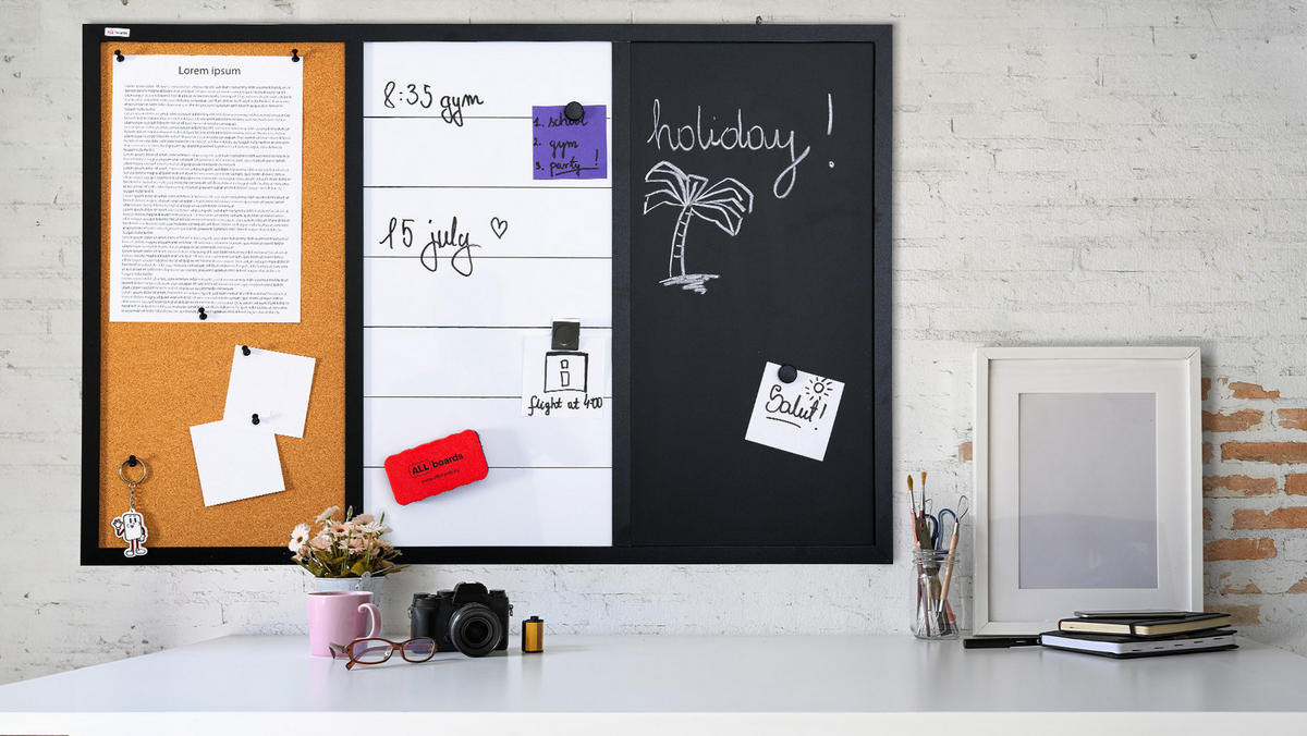 3-IN-1-KOMBITAFEL: Whiteboard, Kreidetafel magneitsch, Kork 90x60 cm - Multicolor, Holz (90/60/1.8cm) - ALLboards