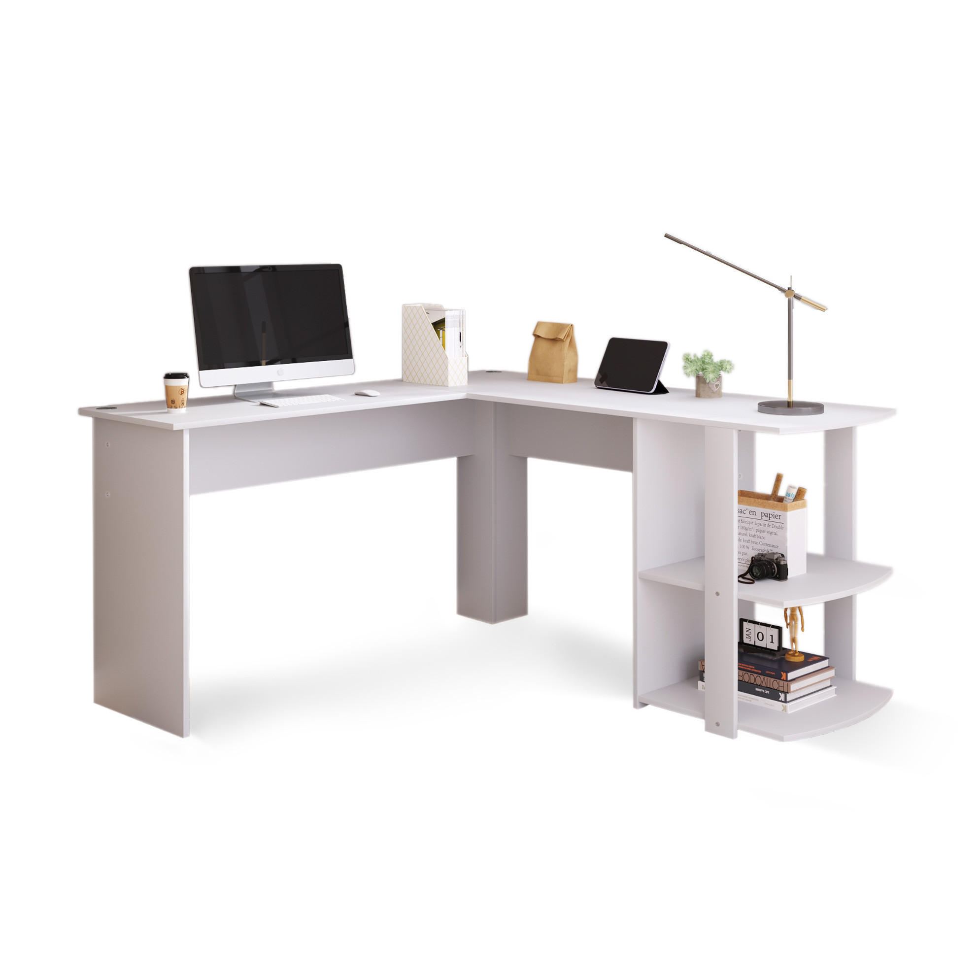 SCHREIBTISCH 140/140/75 cm in Weiß mit 2 Ablagen und Kabeldurchlass - Weiß, Holzwerkstoff (140/140/75cm) - BEAOK