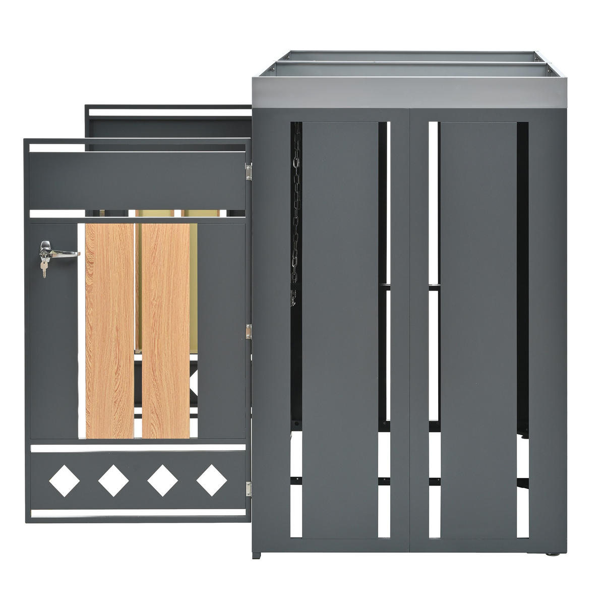 MÜLLTONNENBOX 2 Türen Holzoptik abschließbar Pflanzdach - Multicolor, Metall (80/124.5/132cm) - FLIEKS