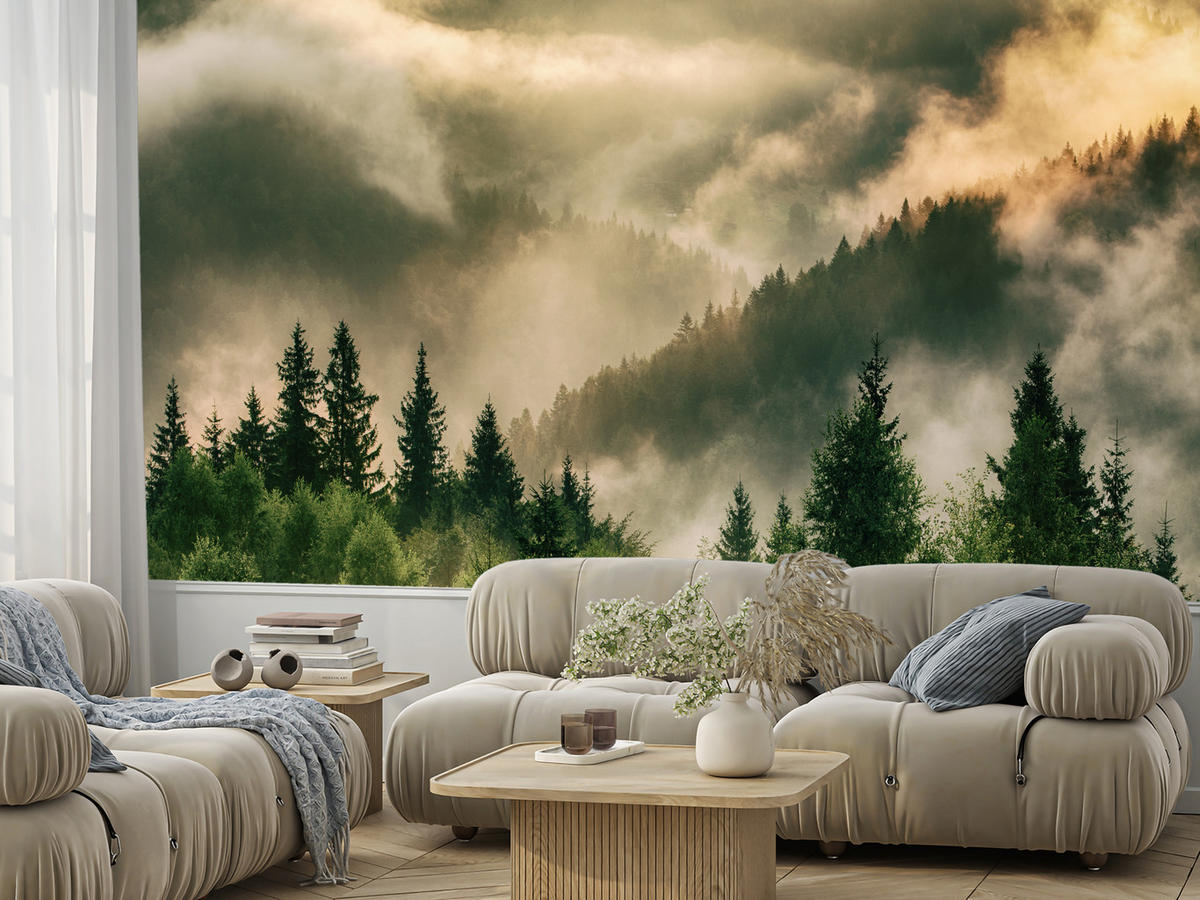 FOTOTAPETE für Wohnzimmer Neblige Landschaft Bergwald Nadelbäume 400x280 - Gelb/Orange, Papier (400/280cm) - Muralo