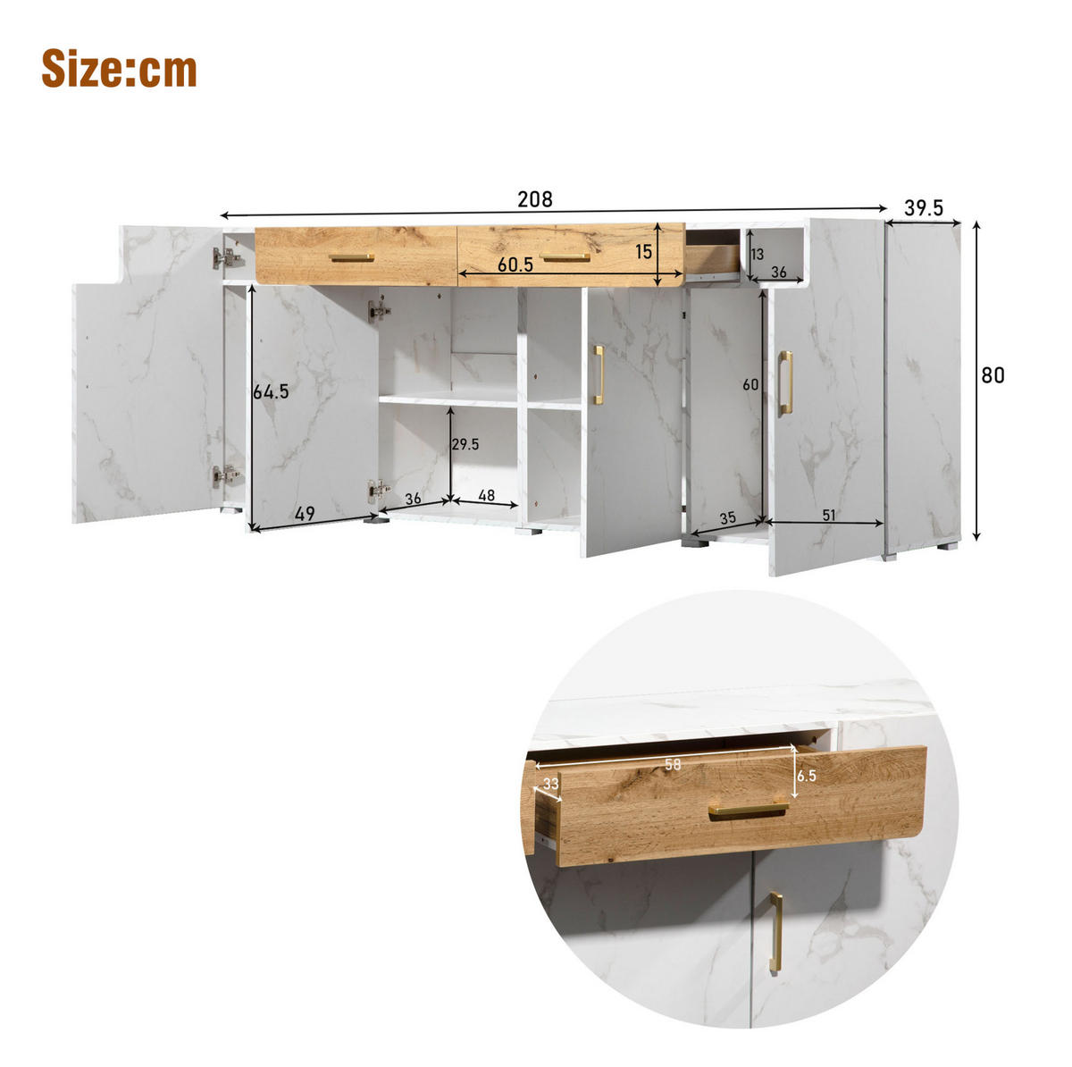 SIDEBOARD 208/39.5/80 cm Weiß aus Holzwerkstoff mit 4 Türen und 2 Schubkästen - Weiß, Holzwerkstoff (39.5/80/208cm) - OKMYHOME