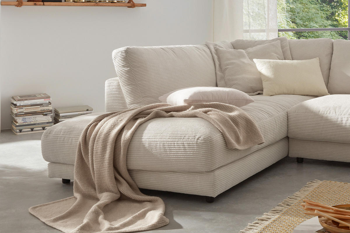 ECKSOFA MADELINE Cremeweiß Cord - Creme/Schwarz, Kunststoff/Textil (325/224cm) - KAWOLA