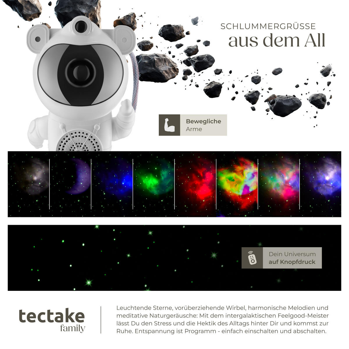 LED-STERNENHIMMEL-PROJEKTOR Astronaut,Bluetooth- und Music-Funktion mit 8 Sounds sowie Timer,weiß - Weiß, Kunststoff (11.5/12/23.5cm) - tectake