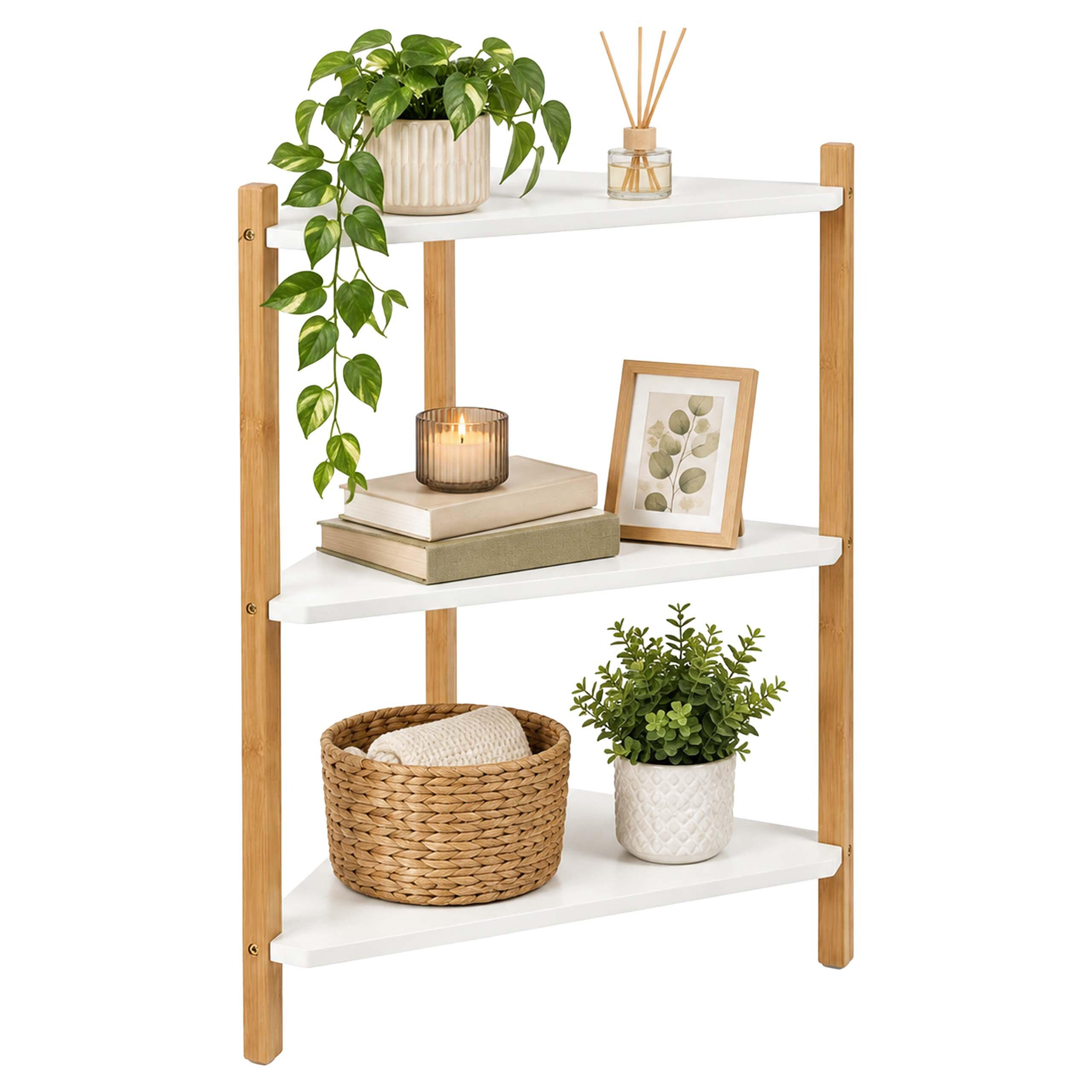ECKREGAL Natur-Weiß 3 Ablagen Bambus MDF - Weiß, Holz/Holzwerkstoff (46/60/25cm) - Relaxdays