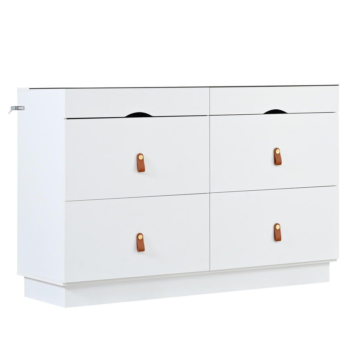 KOMODA 120/40/78 cm bílá z MDF a skla se 6 zásuvkami a zrcadlově hladkým skleněným víkem - bílá, sklo (120/78/40cm) - OKWISH
