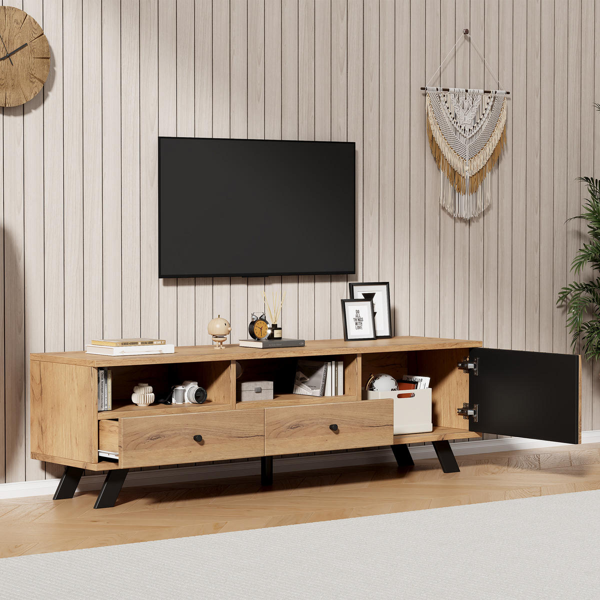 TV-ELEMENT 150/38/44 cm Naturholz mit 2 Schubladen - Naturfarben, Holz (150/44/38cm) - Oxeza