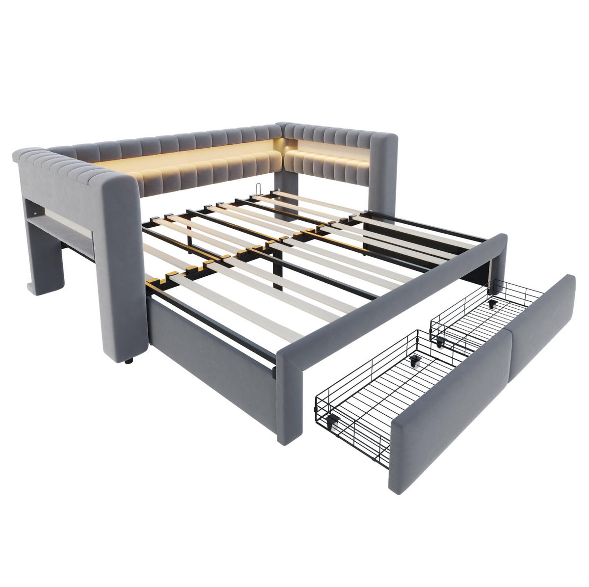 ROZKLÁDACÍ postel 90/190 cm sametová s LED osvětlením, USB-C a úložnými prostory, Šedá - šedá, textil (90/190cm) - Redom