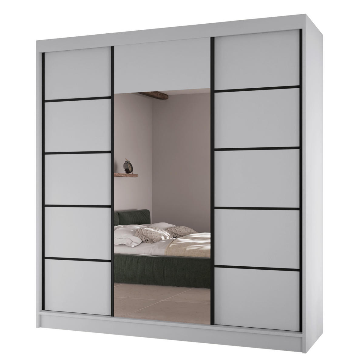 SCHWEBETÜRENSCHRANK Moni mit Spiegel und Zierleisten, 215x200x61cm, Weiß+Schwarz - Schwarz/Weiß, Holzwerkstoff (200/215/61cm) - AN-Moebel 4u