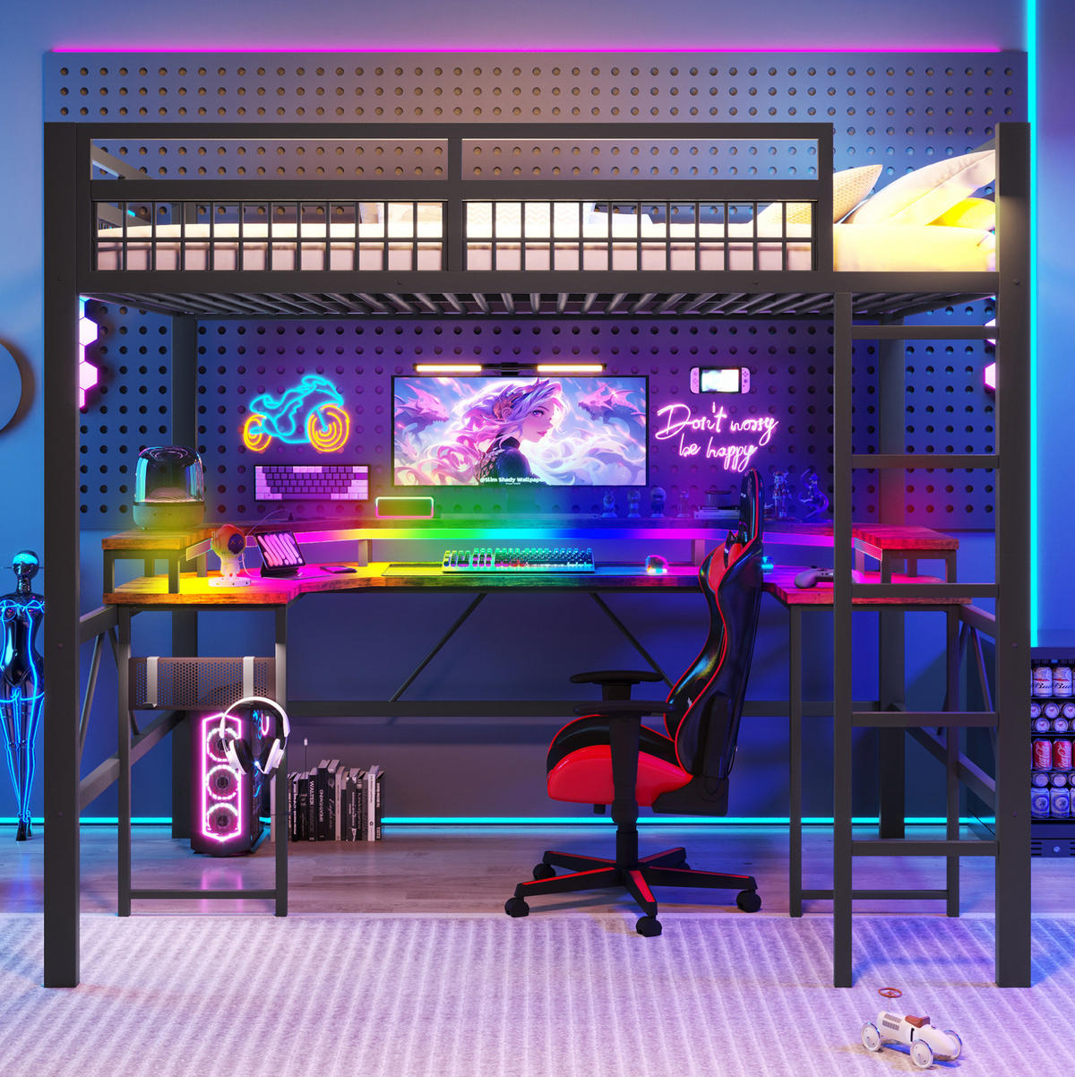 HOCHBETT 140/200 cm schwarz aus Metall mit Schreibtisch und LED - Schwarz, Metall (140/200cm) - OKWISH