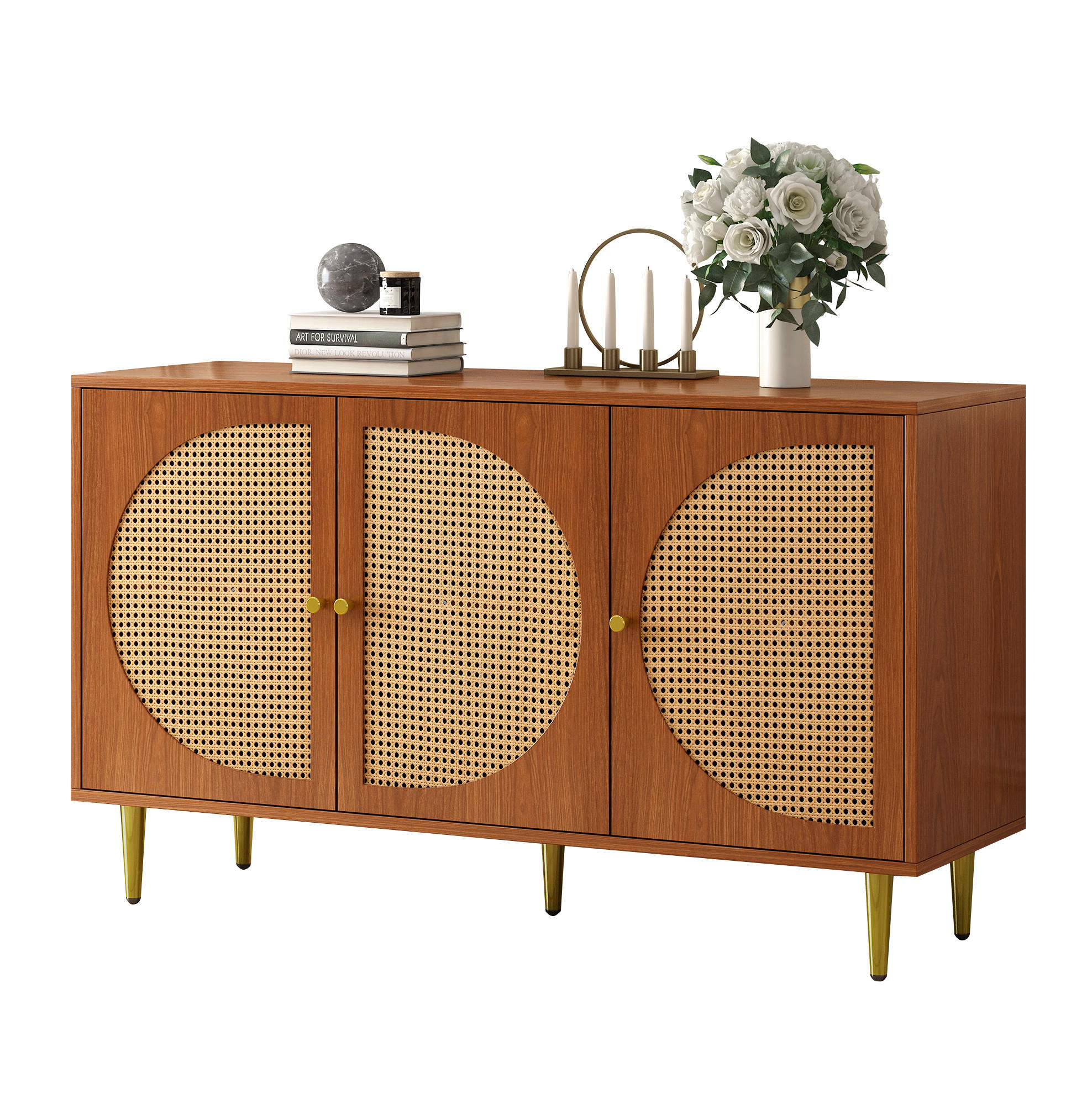SIDEBOARD 129,8/40/76 cm mit 3 Türen in Walnussfarben & Rattan-Optik - Walnussfarben, Holzwerkstoff (129.8/76/40cm) - BEAOK